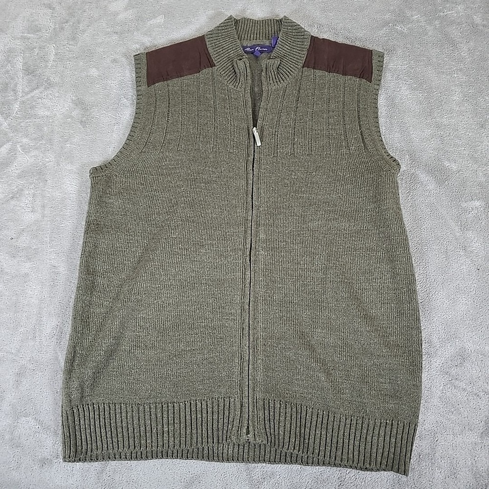 Alan Flusser Vest Mens Large Olive Full Zip Brown Shoulder Patches Casual